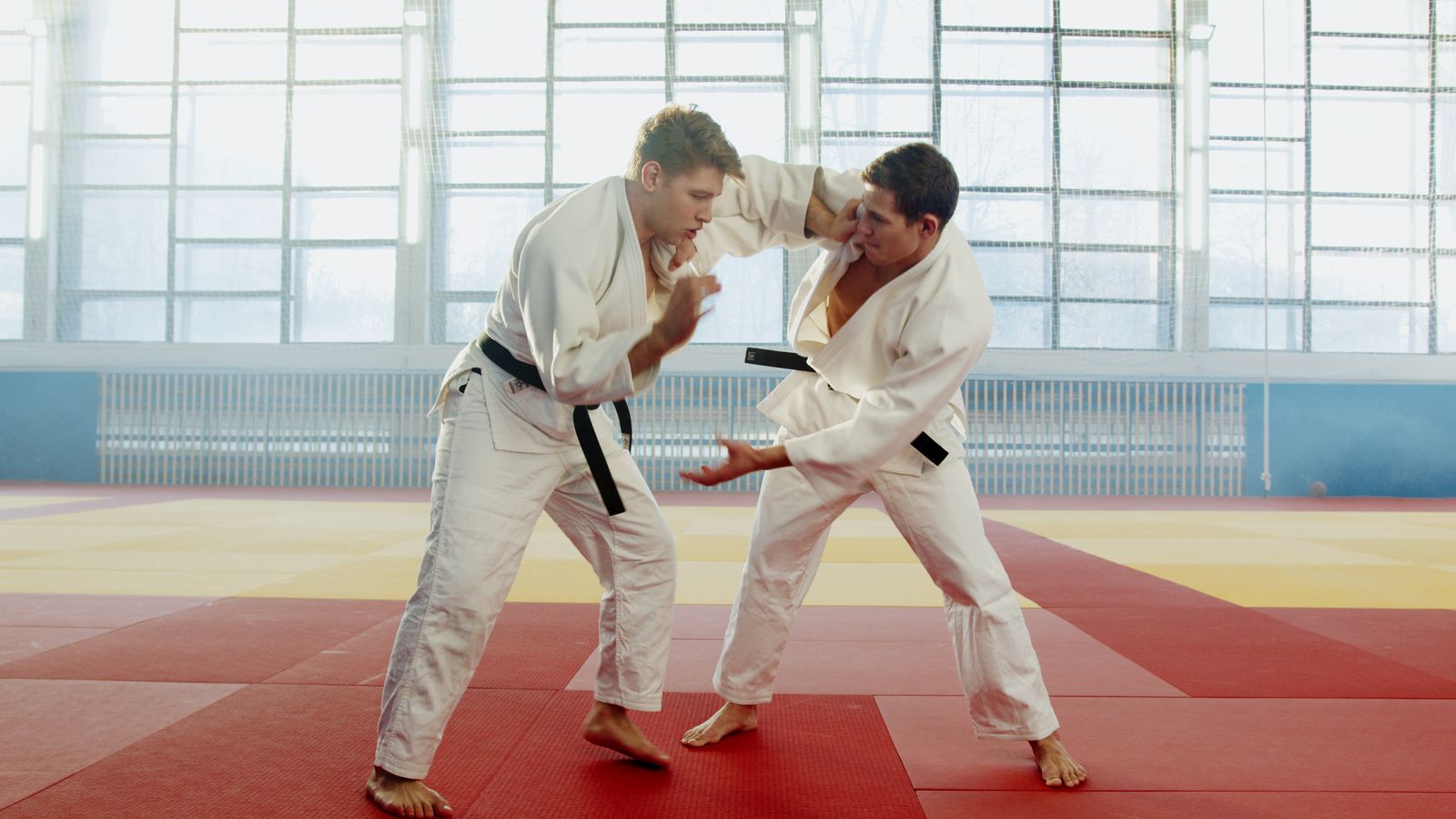 Two martial artists training on the dojo mat